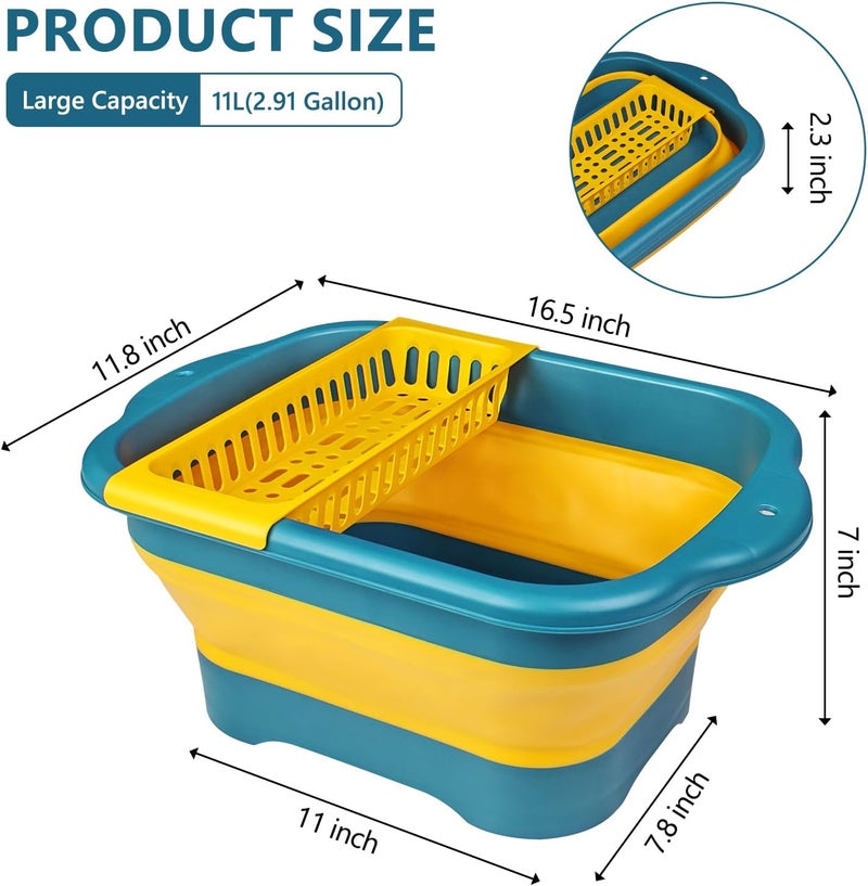 DAECHAO Collapsible Dish Basin with Drain Plug, 11L/2.91 Gallon Portable Bucket for Dish Pan and Vegetable, Space Saving Wash Basin for Station Campin/Camping/Rv/Kitchen(Yellow) - Image 5